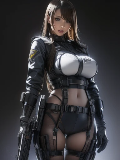  for light, thin hair color、Amazing Details、  super high resolution、（ realism：1.4）、（（close：0.75））、One woman is very condensed、Beautiful and delicate face、 perfect balance 、 Narrow Down the Target Group 、 Big Breasts ）、 brown hair、（White Technology Suit）、（Cyborg Vs...  police uniform、、、Black and grey mech、 military harness 、RPG-7、Hitch Tech Flamethrower Tank Transport）、The background is a simple gray wall、