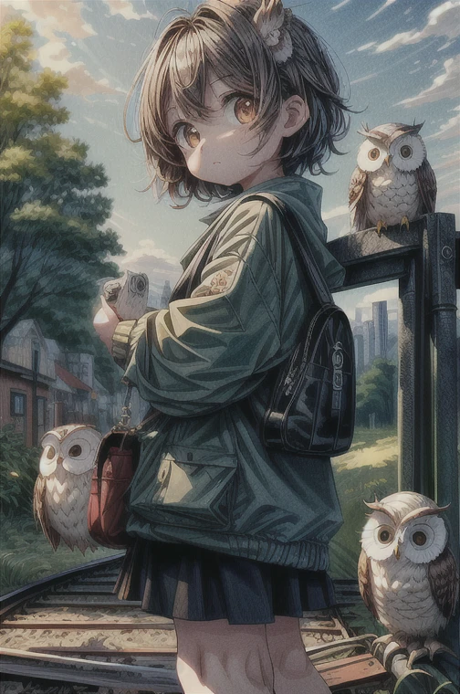 masterpiece:1.2， best quality， high definition ，8ｋ，Chibi character，((It looks like cute owls gathered in front of a train station ticket gate in the countryside))， Details，Directly in front of the car，Professional photography，