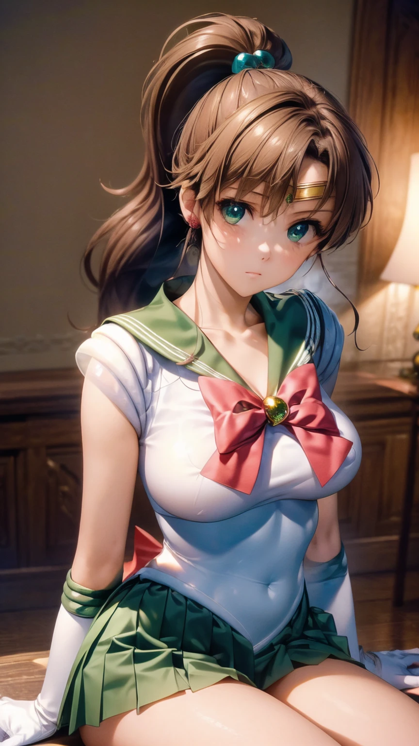 (((masterpiece))), (((High resolution)))、(((8K quality)))、(((Perfect Face)))、 , Looking into the camera, ((Highest quality eyes)), (Detailed face), (Detailed Texture), Sailor Jupiter Cosplay Costume、One Girl, alone, High resolution, Anatomically correct, 最high quality,Please draw the whole body 、My breasts are a little small、White long gloves、Green Skirt、(((On my knees)))、One Girl, alone, High resolution, Anatomically correct, 最high quality, High resolution, masterpiece, 最high quality, Very detailed, 超High resolution, Textured skin, high quality, High resolutionモデル, Armpit、Volcanic areas、lava、Sitting down、magma