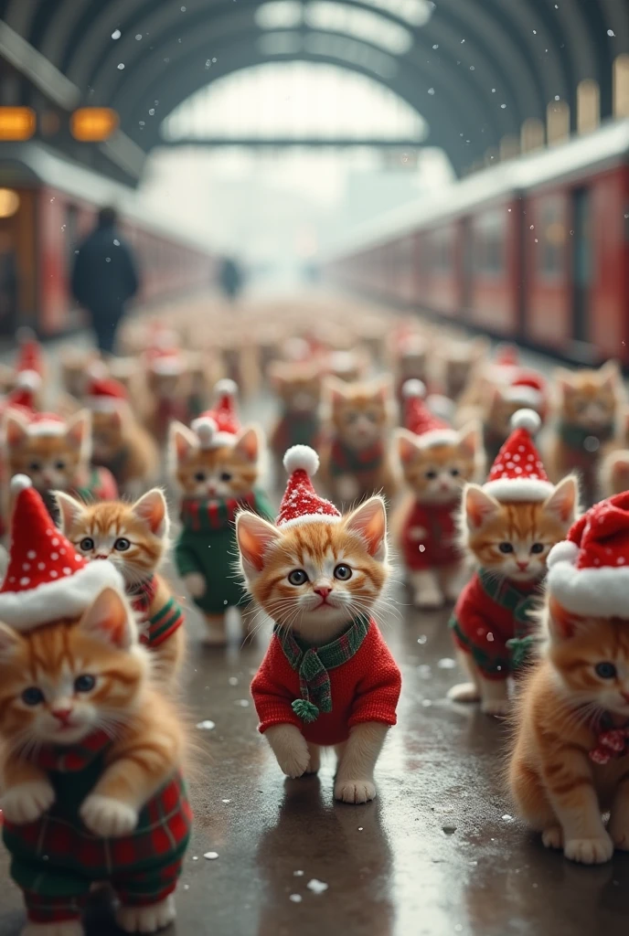 1000 cutest kittens in the world dressed as they move busily at the London train station、((Realistic:1.3))、Snow is falling、 merry christmas