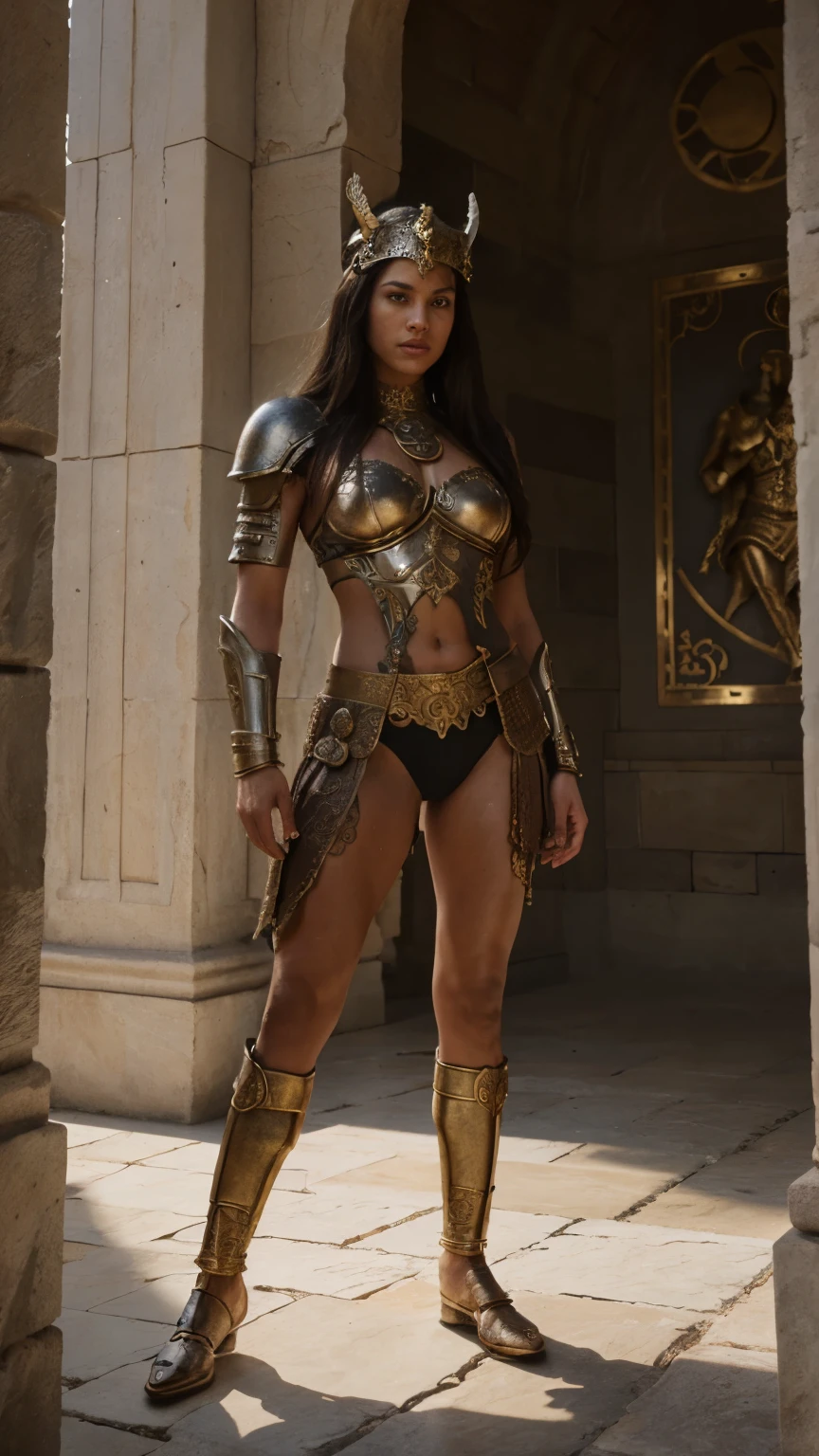 (((of the highest quality: 1.4))), (unparalleled masterpiece ever), (Ultra high definition), (Art by Brian Froud), (Ultra-realistic 8K CG), Official art, Attractive poses, Female gladiators, Amazingly beautiful pretty face, Highly detailed armor and gauntlets, hair messy, muscular_Body:1.4, Tanned skin:1.4, Highly detailed breastplate, Many tribal tattoos on the body, Large breasts, well-trained body, Ancient Roman city background, Sunlight makes a beautiful gradation of shadows、Adds depth to the image, (Muted colors, dim colors, Muted Tones: 1.3), Low saturation, (Hyper Detail: 1.2), Perfect Anatomy,