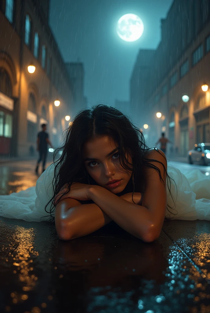 A photorealistic girl with a mesmerizing gaze, lie down on a supercar hood in the center of the town square, with folded arms on the chest, battered by a torrential windstorm and heavy rain, wrapped with a flowing long tulle scarf, showcasing flawless legs and heels, bending back,spread legs, with flowing shiny raven-black long hair, white glow porcelain skin, set against a dark city sidewalk, with dimmed lights, mist, and dripping water, under the ominous glow of a full dark moon, her eyes locked intensely on the sky. close low angle shot, model,fashion,tulle sheet,girl,girl, super model, tall,proportional, beauty, stunning, fashion pose, low angle shot,nymph, sensual, proportional tall body, stunning pose, high resolution image of supermodel in bare skin, tulle robe, glowing skin,obvious nipples areola, proportional tall model, straighten leg,,chin up, low angle shot, front light,