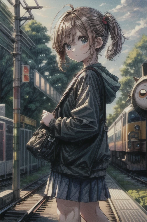 masterpiece:1.2， best quality， high definition ，8ｋ，cute,Chibi character，owl，((It looks like they met in front of the train station ticket gate in the countryside))， Details，Directly in front of the car，Professional photography，