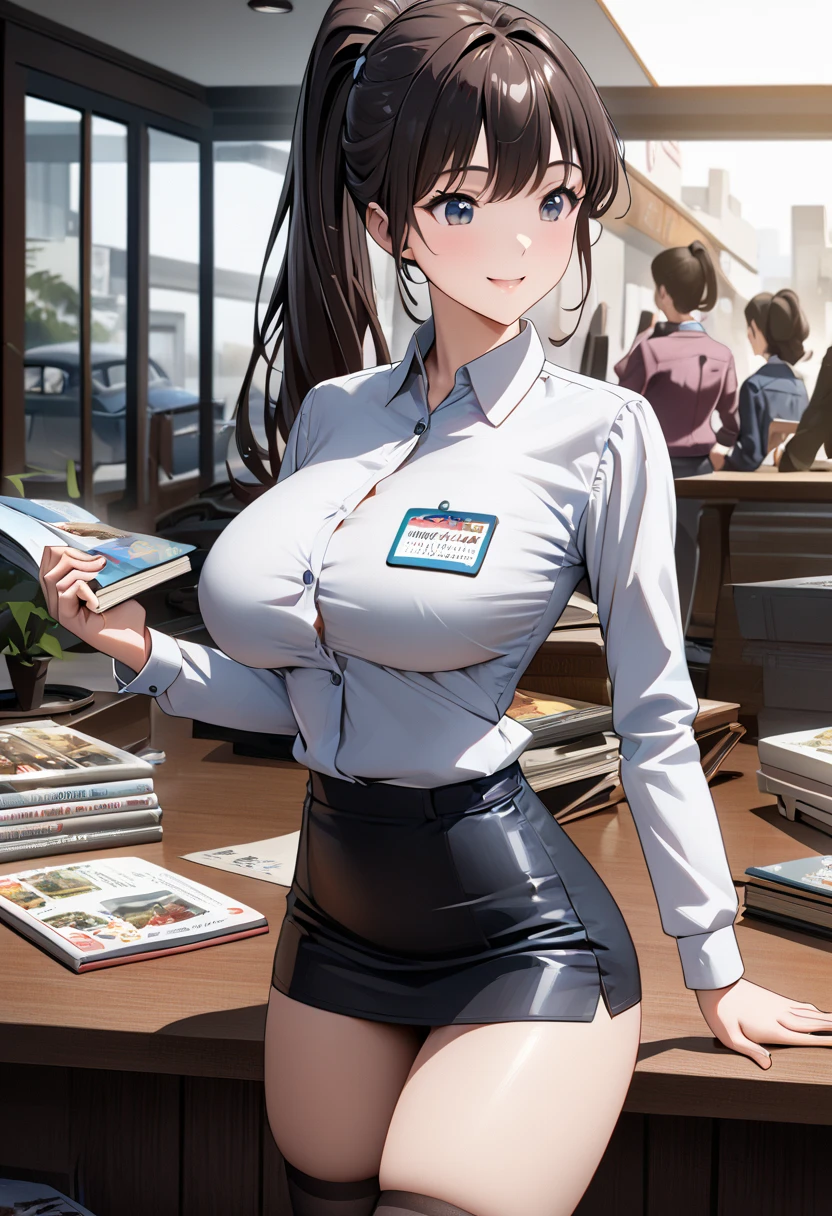  best quality、 Ultra Precise 、Detailed drawing、 vibrant colors、alone、Beautiful girl 、Age 30、classic car shop、table、Beautiful big boobs、 business suit、 shirt 、Name tag、 Mini Skirt、 black stockings、Catalog book in hand 、smile、Beautiful figure、 ponytail、Butt、 see here、 slender figure、Accurate depiction、 anime style illustration、
