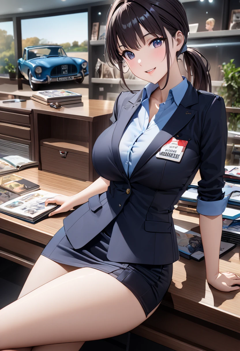  best quality、 Ultra Precise 、Detailed drawing、 vibrant colors、alone、Beautiful girl 、Age 30、classic car shop、table、Beautiful big boobs、 business suit、 shirt 、Name tag、 Mini Skirt、 black stockings、Catalog book in hand 、smile、Beautiful figure、 ponytail、Butt、 see here、 slender figure、Accurate depiction、 anime style illustration、
