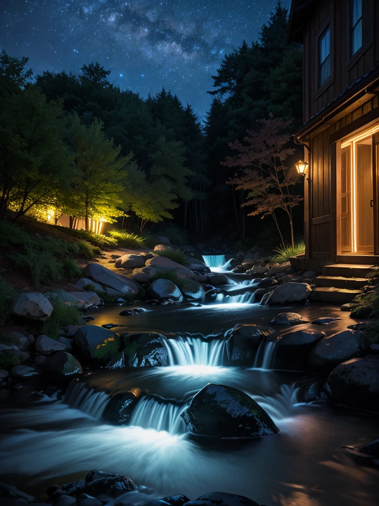 A stream that emanates neon light at night realistic photo