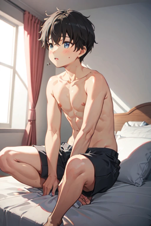 １４age　 one boy　 shirtless　Anxious expression　 shorts　 bed
