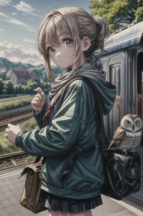 masterpiece:1.2， best quality， high definition ，8ｋ，cute,Chibi character，owl，((I was seen off by many people on the platform of a train station in the countryside))， Details，Directly in front of the car，Professional photography，