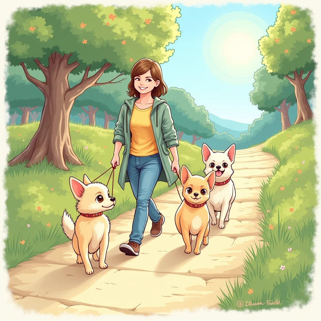 Chibi Style, dot halftone , drawn with crayons, Flat Color ,Two-panel comic strip, long coat chihuahua walking uphill、The color of the chihuahua is cream 、It's a clear day and the sunlight filtering through the trees is beautiful 、Chihuahuas are taking a walk with a woman、チワワはハーネスをつけてリードでつながらています、チワワは1匹です