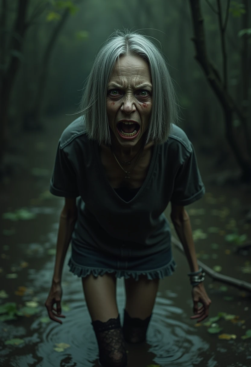 "(best quality,a high resolution:1.2),Withered woman,elongated, sharp face,gray eyes,severe wrinkles,Bob haircut,Short denim skirt,tshirt,dark lace stockings with garters, standing, ( drowning in a swamp:1.2),long eyelashes,expression of despair,Dark and moody lighting, terror. The pose expresses panic and awkwardness. Inevitable Retribution for Breaking a Taboo, Ruined Quarry"