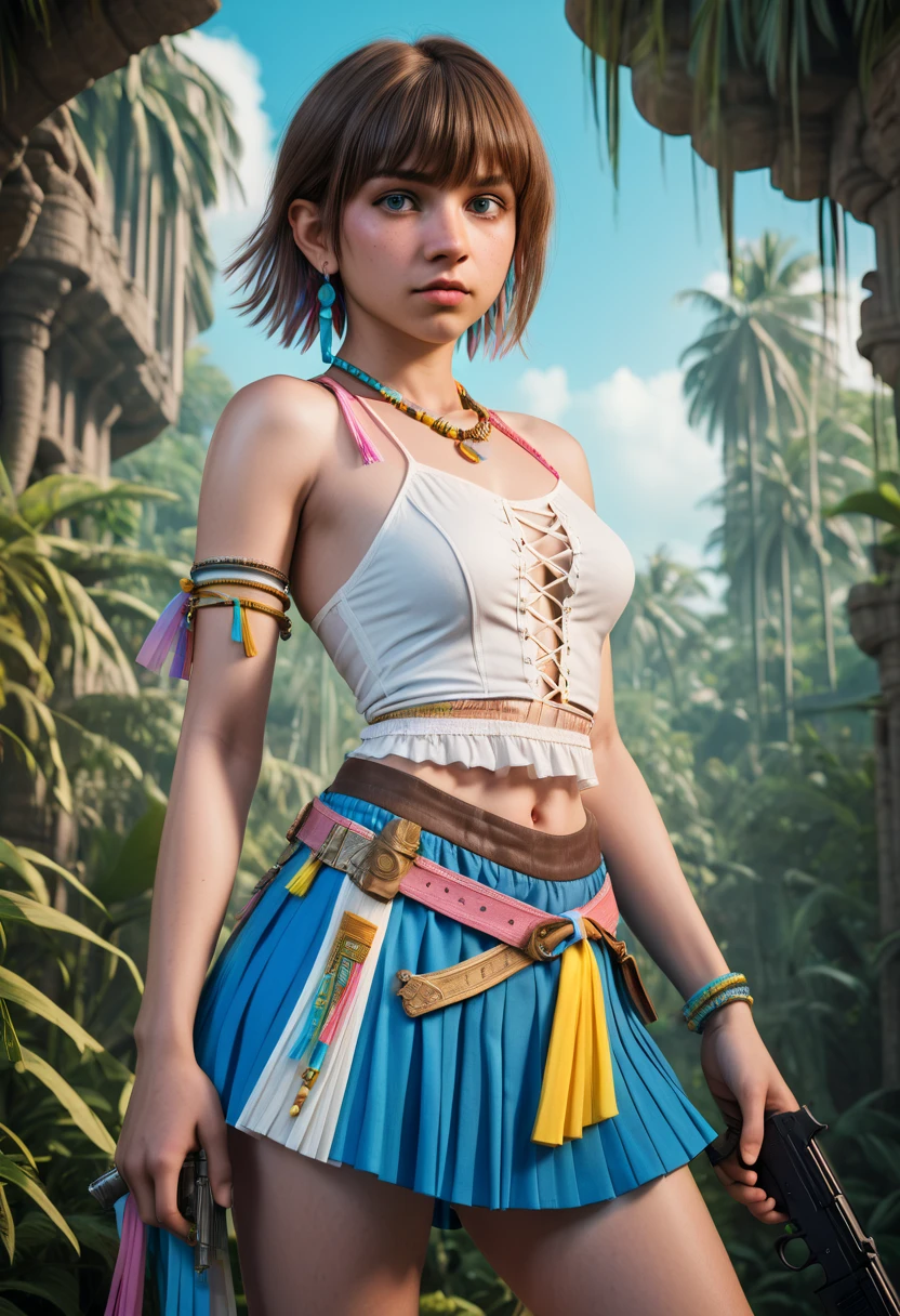 A young woman LunaXR with a confident yet gentle expression, wearing a short white halter top with a lace-up front, paired with a bright blue pleated skirt adorned with yellow accents and a pink sash. Her medium-length brown hair is styled with bangs and an asymmetrical cut. She carries a decorative gun and has colorful details like a beaded necklace and arm sleeves, standing in a fantasy-inspired setting with a tropical background, evoking a sense of adventure and grace.