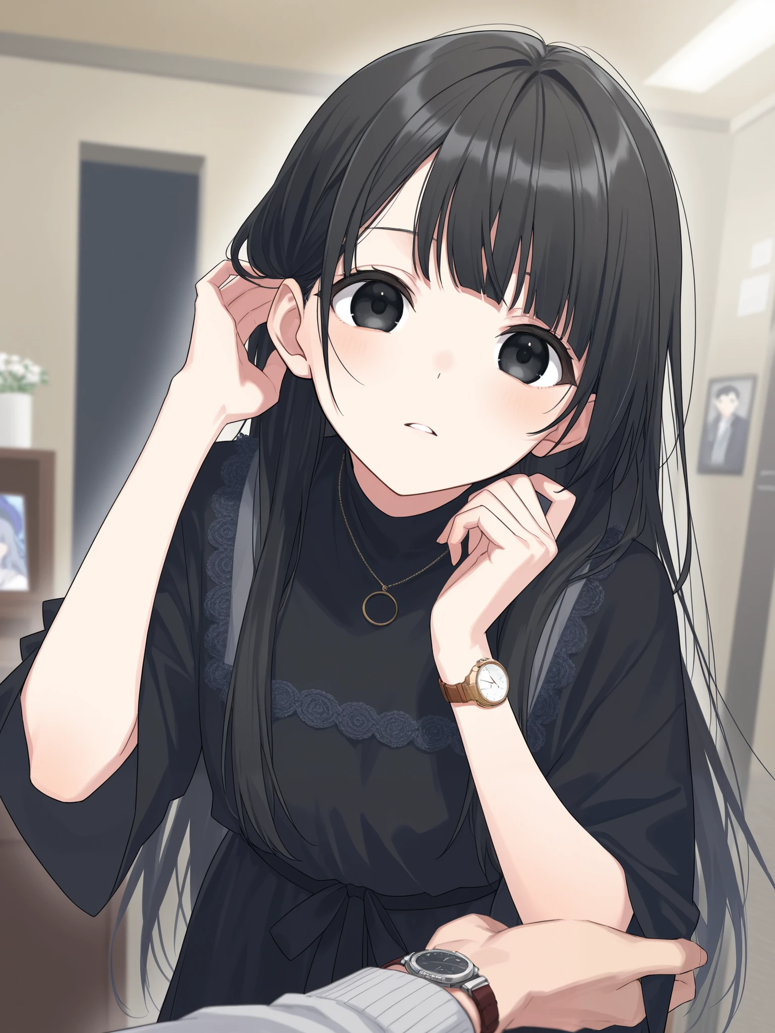 (       score_9,       score_8_up,       score_7_up,),   ***1 person,woman、      I have  long hair    ,        watch viewers  , Black Eyes and Hair  、Trim the bangs、  long hair、Black clothes、witch、