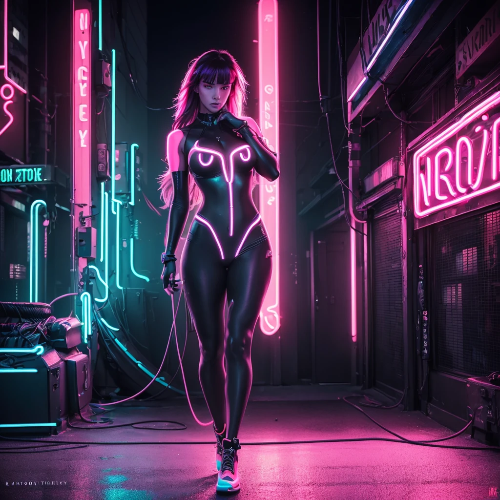 As she slinks through the shadows, her lithe and graceful movements are accentuated by the glowing neon lights of the city, casting an otherworldly aura around her.