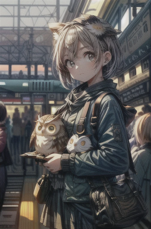 masterpiece:1.2， best quality， high definition ，8ｋ，cute,Chibi character，owl，((Surrounded by many people on the platform of a train station in the countryside:1.5))， Details，Directly in front of the car，Professional photography，