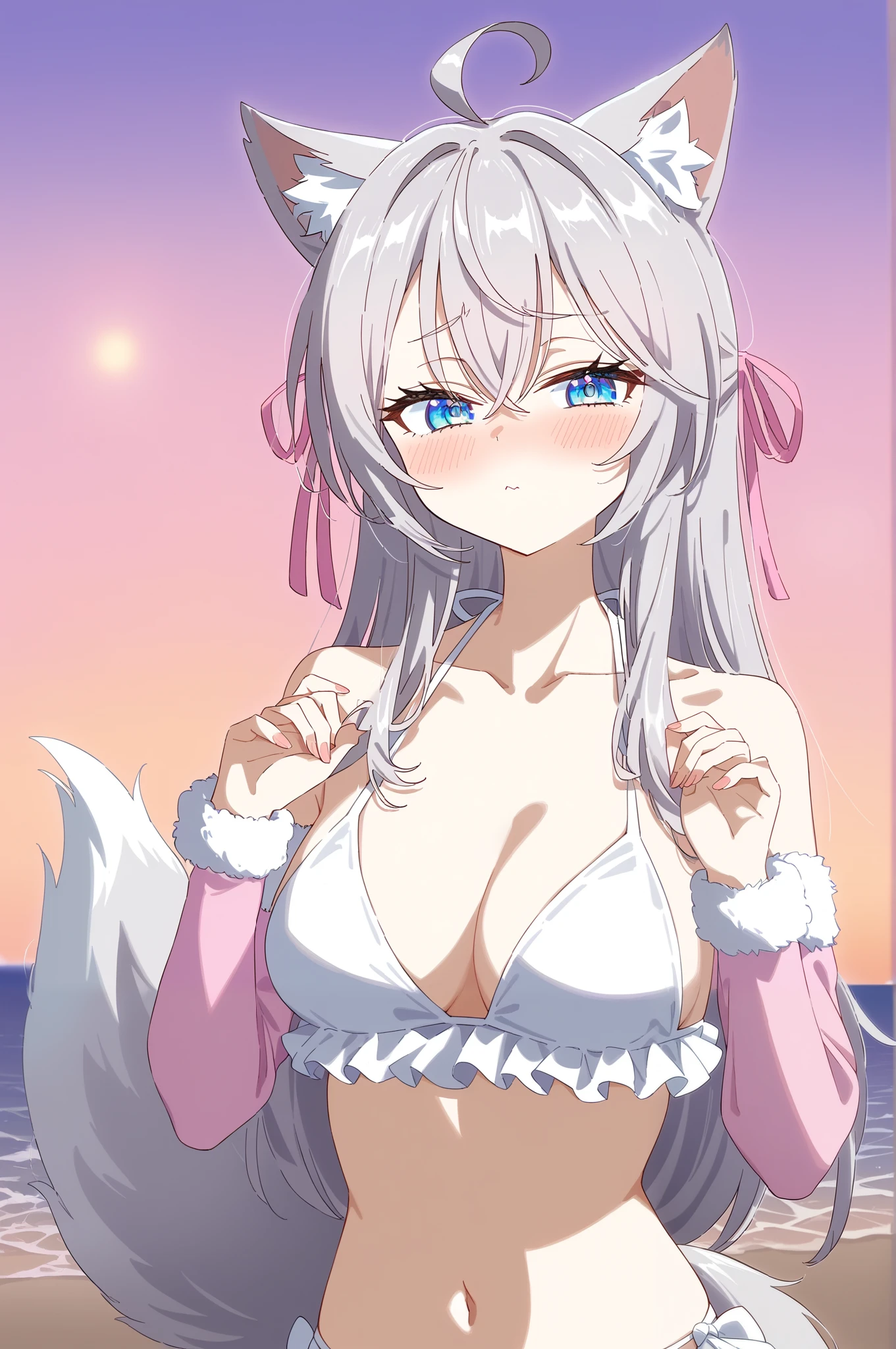 masterpiece, best quality, very aesthetic, absurdres, dynamic shadows, atmosferic, alisa_mikhailovna, (1girl), (grey hair), long hair, blue eyes, detailed eyes, ahoge, hair between eyes, bangs, medium breasts, curvy body, makeup, intense blush, collarbone,hair ribbon, outdoor, pink sky, evening, cute, sea, sun, backlight, beautiful sunlight, White wolf ears, white fake animal ears, white fox tail, white fake animal tail, white fur collar, pink arm warmers, white fluffy bangles, white bikini, white ruffle bikini, white cute bikini, shy, blushing, narrowed eyes, Closed mouth, small mouth, troubled eyebrows, Looking at Viewer, very cute face, upper body,