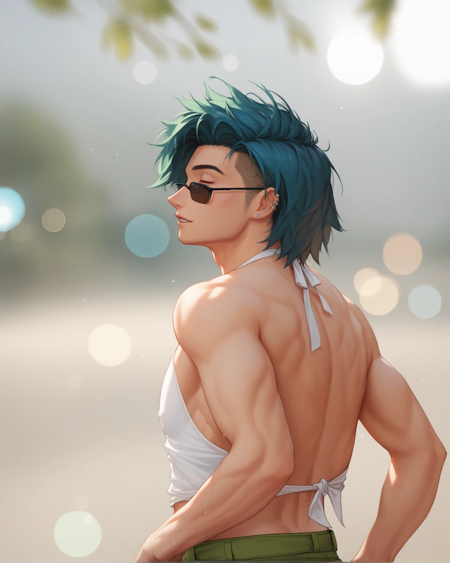 From behind we see a -yeld boLong blue hair from splendid to the camera standing Shirtless 15-year-o books a city fence from the top of the school roof Sadly pensive, su cabello es de color azul, lo vemos desde la espalda