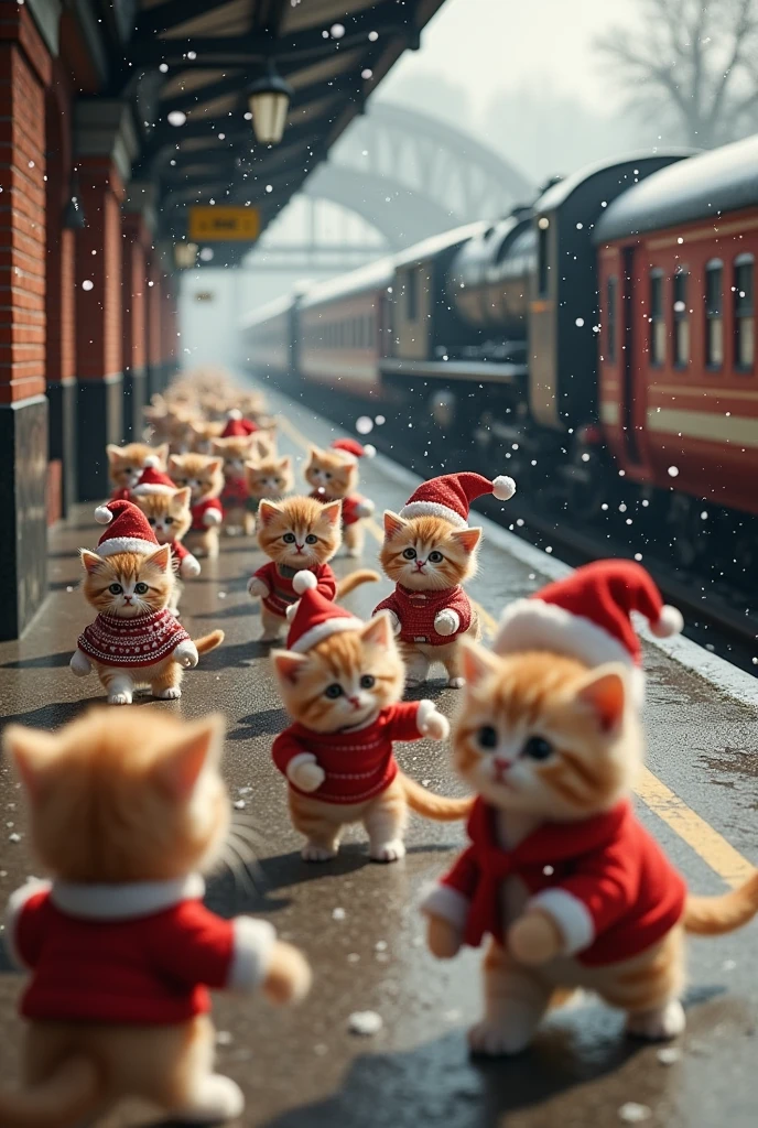 1000 cutest kittens in the world dressed as they move busily at the London train station、((Realistic:1.3))、Snow is falling、 merry christmas、Retro train 、 I hear music、dance