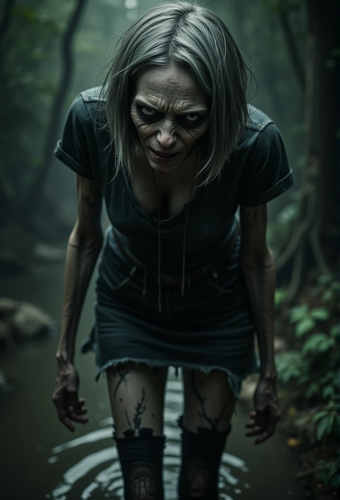 "(best quality,a high resolution:1.2),Withered woman,elongated, sharp face,gray eyes,severe wrinkles,Bob haircut,Short denim skirt,tshirt,dark lace stockings with garters, standing, ( drowning in a swamp:1.2),long eyelashes,expression of despair,Dark and moody lighting, terror. The pose expresses panic and awkwardness. Inevitable Retribution for Breaking a Taboo, Ruined Quarry"