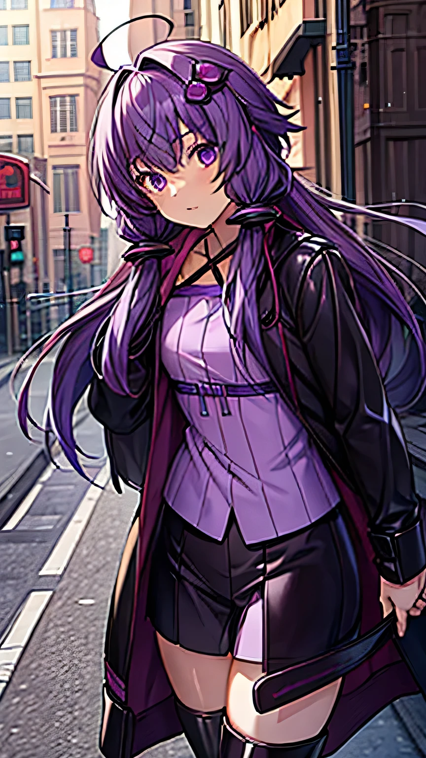    one girl， purple hair，Ahoge， long hair，purple leather jacket ， Black Leather Pants ，black finger cutting gloves   ，   black boots，Around town，   best quality，    Masterpiece  