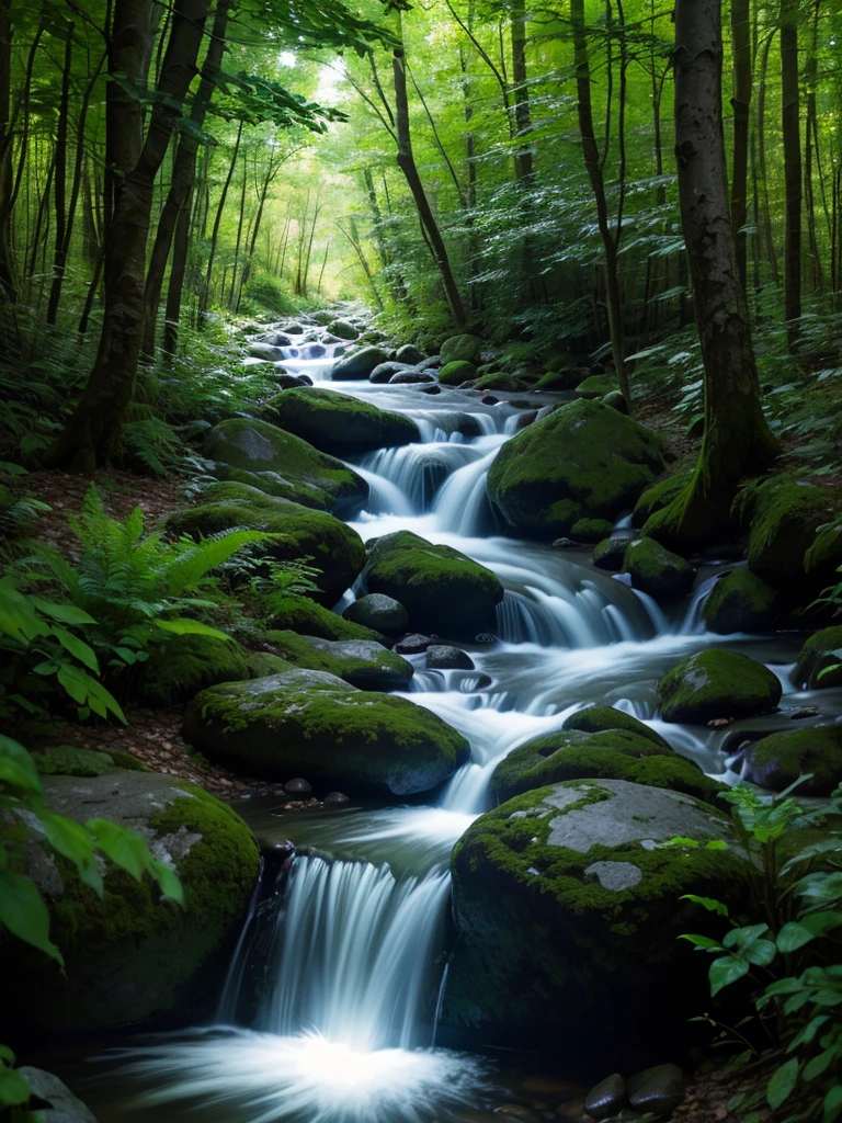 In the forest a stream that emanates neon light at night realistic photo