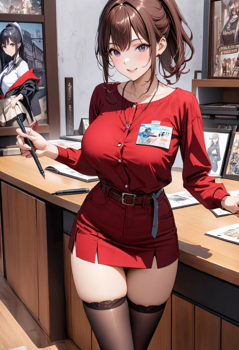  best quality、 Ultra Precise 、Detailed drawing、 vibrant colors、alone、Beautiful girl 、Age 30、classic car shop、showroom、table、Beautiful big boobs、 business suit、 red shirt、Name tag、 Mini Skirt、 black stockings、catalog book and pen in hand、smile、Beautiful figure、 ponytail、Butt、 see here、 slender figure、Accurate depiction、 anime style illustration、
