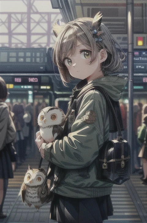 masterpiece:1.2， best quality， high definition ，8ｋ，cute,Chibi character，owl，((Surrounded by many people on the platform of a train station in the countryside:1.5))， Details，Directly in front of the car，Professional photography，