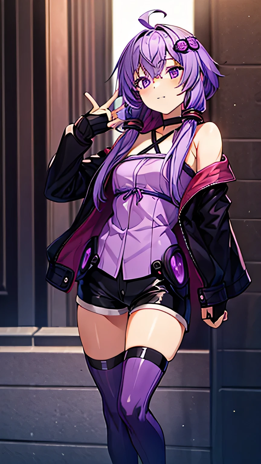    one girl， purple hair，Ahoge， long hair，purple leather jacket ， Black Leather Pants ，black finger cutting gloves   ，   black boots，Around town，   best quality，    Masterpiece  