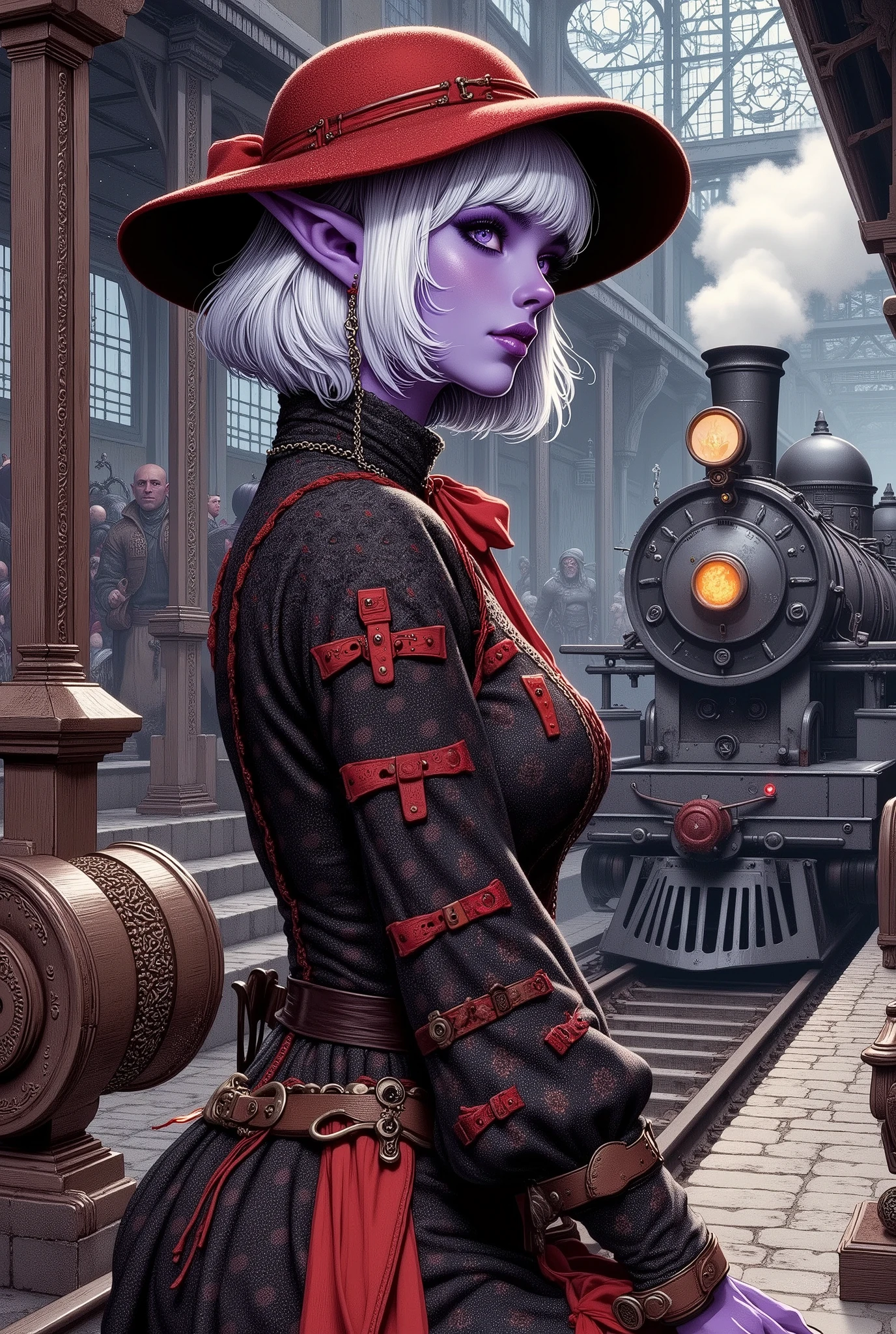 (Ultra-detailed face, Looking away, Fantasy Illustration with Gothic, Dark tone colors, Viewpoint from above looking down on the ground.), BREAK 
(A dark elf woman, an eternal traveler, is in a terminal station, a labyrinth of huge tree-like corridors and staircases where many lines intersect with each other, crowded with 18th century English ladies and gentlemen-style travelers. In the waiting room of the station, which has a bar attached, she opens a book and looks at the station platform with an ennui-like expression on her face.), BREAK 
(The young female dark elf eternal traveler has white hair, white eyebrows, blunt bangs, waist-length long messy wavy hair, small pink lips, dark purple skin, and thick eyeliner.), BREAK 
(The dark elf woman eternal traveler wears a wide-brimmed fiery red caprine and a small orange ribbon tie. She wears a tight velour lace-up dress of jet-black fabric printed with a pattern of pure white lilies. Around her waist she wears a belt with many pouches. She wears bright red laced sandals with fur embellishments.), BREAK 
(This is a steampunk world in the style of 18th century England. A train powered by magic, the Lateening Rail, is parked on the station platform, emitting flames and lightning bolts from the elementals of fire and thunder, waiting for the train to depart. The Late Night Rail looks like a steam locomotive, with round meters and LED indicators attached to various parts of the train, emitting light.)