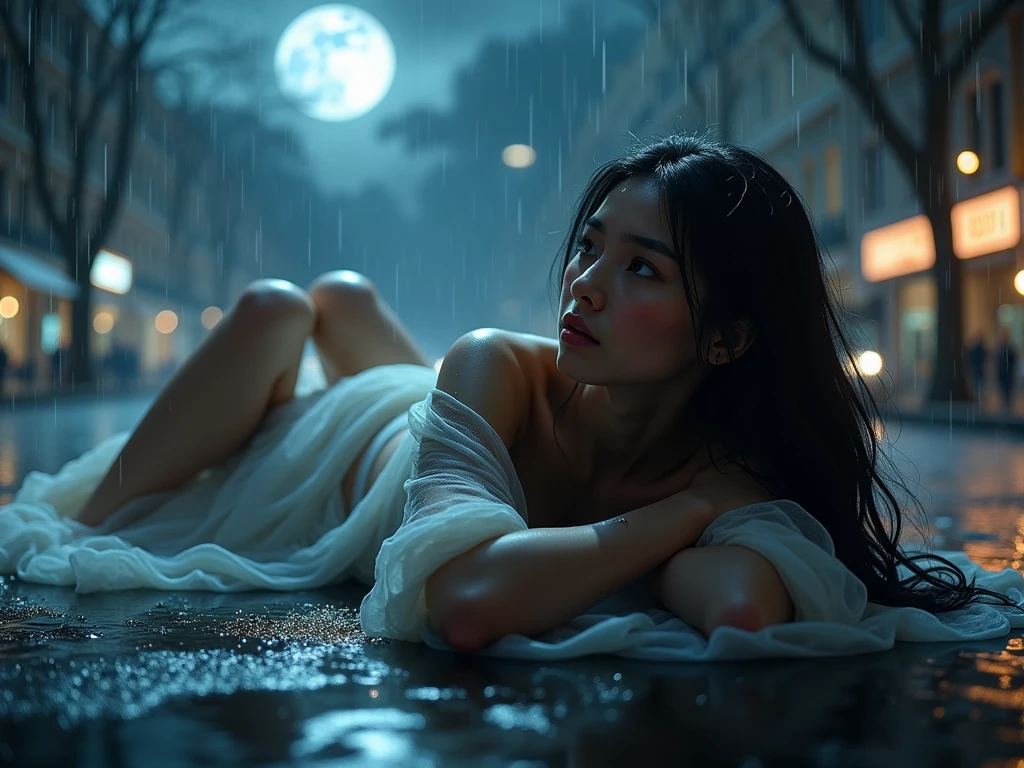 A photorealistic girl with a mesmerizing gaze, lie down on the super-car hood in the center of the town square, with folded arms on the chest, battered by a torrential windstorm and heavy rain, wrapped with a flowing long tulle scarf, showcasing flawless legs and heels,spread legs, with flowing shiny raven-black long hair, white glow porcelain skin, set against a dark city sidewalk, with dimmed lights, mist, and dripping water, under the ominous glow of a full dark moon, her eyes locked intensely on the sky. close low angle shot, model,fashion,tulle sheet,super model, tall,proportional, beauty, stunning, fashion lie down pose, low angle shot,nymph, sensual, proportional tall body, stunning pose, high resolution image of supermodel in bare skin, tulle robe, glowing skin,obvious nipples, proportional tall model, low angle shot, front light,