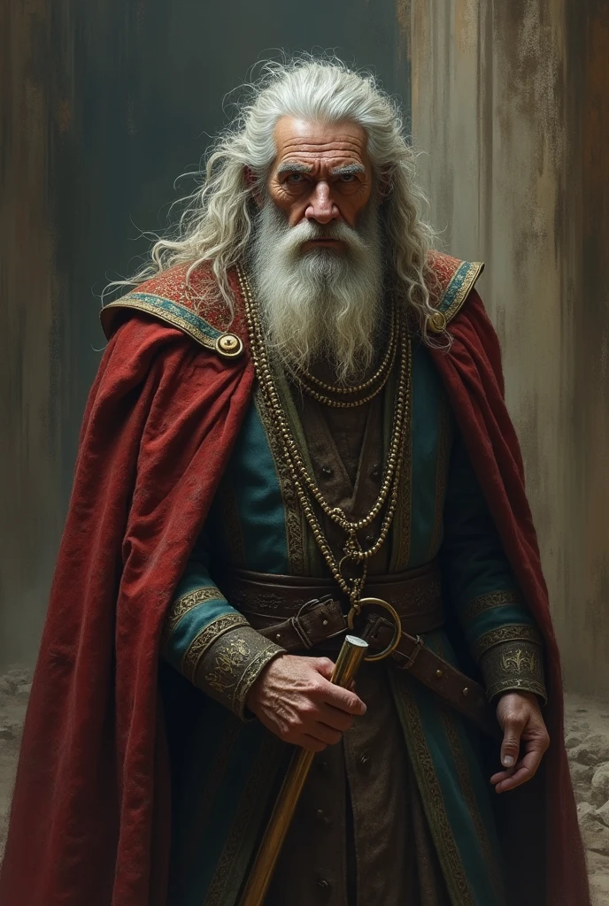 Elderly Blond Man Age 80, with red eyes, angry face, Barba Grande, 1720s A King in the case. Outfit with a red and black king's overcoat, a belt with a skull