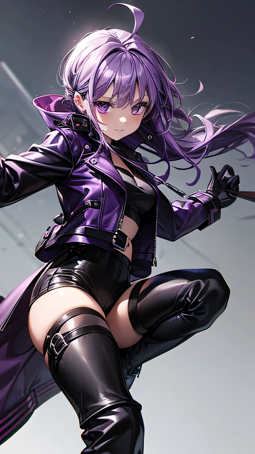    one girl， purple hair，Ahoge，purple leather jacket ， Black Leather Pants ，black finger cutting gloves   ，   black boots，Around town，   best quality，    Masterpiece  