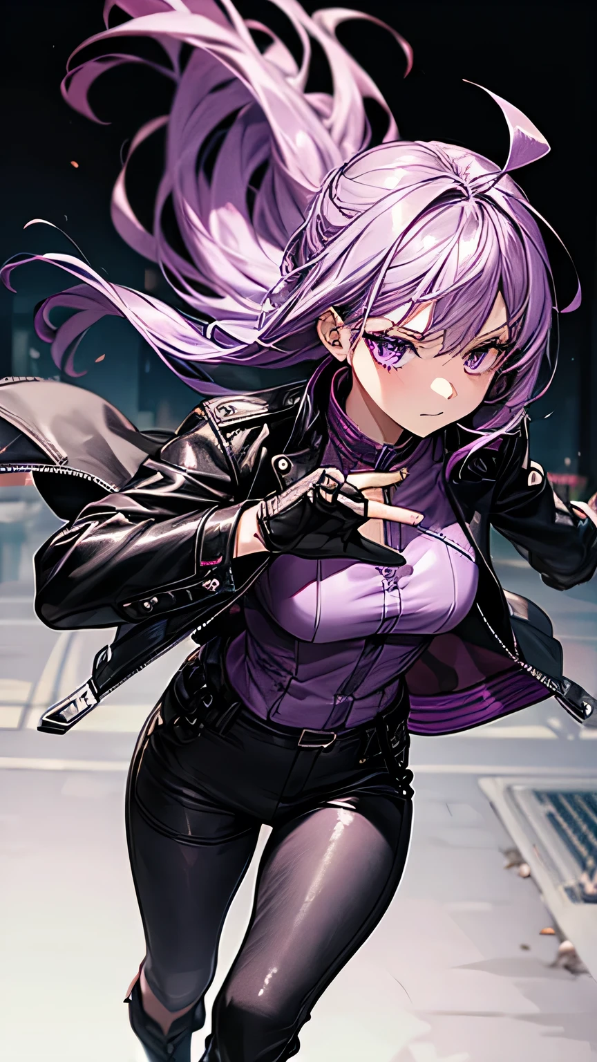    one girl， purple hair，Ahoge，purple leather jacket ， Black Leather Pants ，black finger cutting gloves   ，   black boots，Around town，   best quality，    Masterpiece  