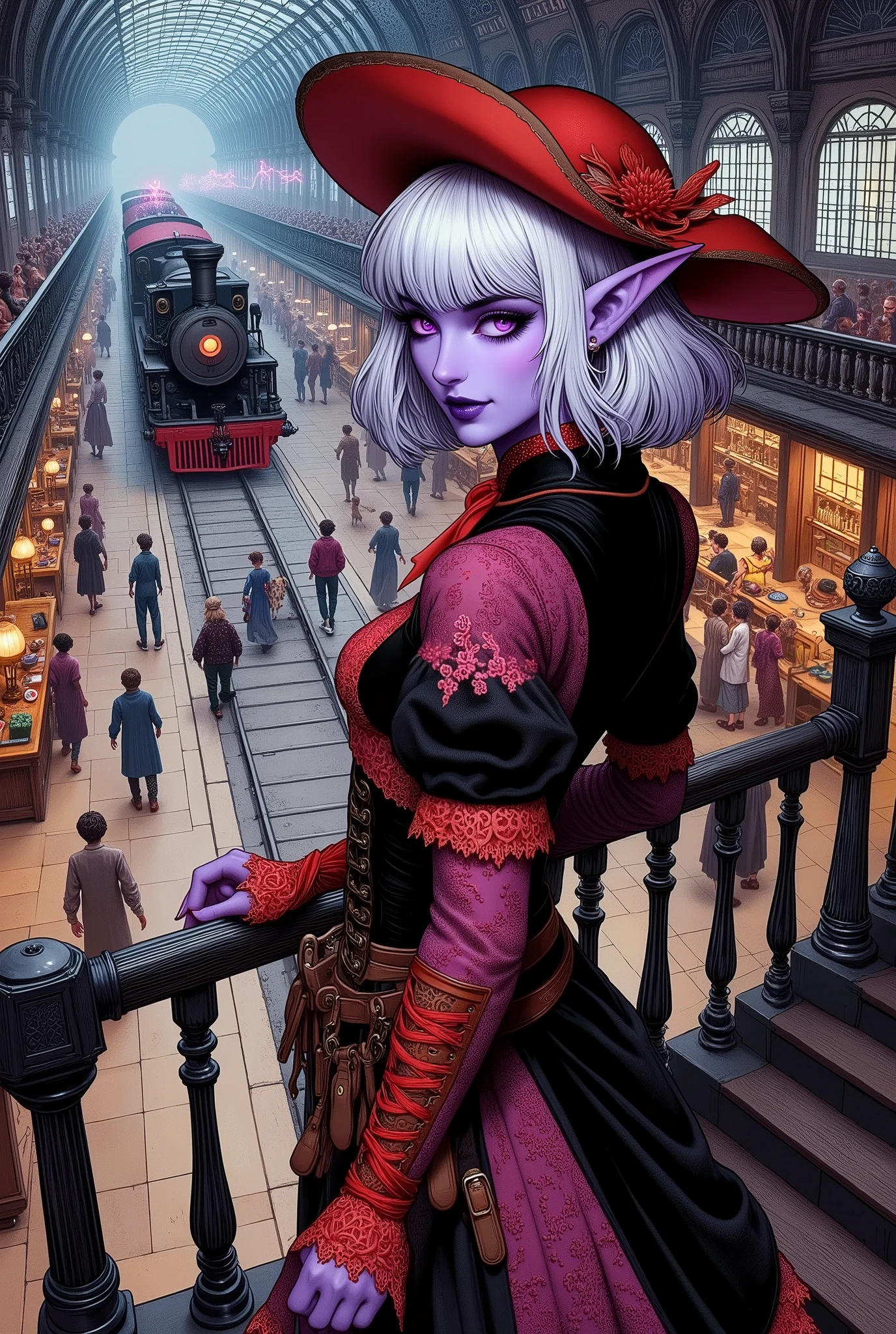 (Ultra-detailed face, Looking away, Fantasy Illustration with Gothic, Dark tone colors, Viewpoint from above looking down on the ground.), BREAK 
(The Dark Elf Woman Eternal Traveler is in a huge terminal station crowded with 18th century English ladies and gentlemen-style travelers. The platforms of the multi-tiered floors are a labyrinth of serpentine undulating corridors and stairways. She is in the waiting room of the station, which has a bar attached to it, looking at her pocket watch with a daring pose and large body movements, looking at the station platform with an ennui expression on her face.), BREAK 
(The young female dark elf eternal traveler has white hair, white eyebrows, blunt bangs, waist-length long messy wavy hair, small pink lips, dark purple skin, and thick eyeliner.), BREAK 
(The dark elf woman eternal traveler wears a wide-brimmed fiery red caprine and a small orange ribbon tie. She wears a tight velour lace-up dress of jet-black fabric with a pink cherry blossom pattern printed on it. Around her waist she wears a belt with many pouches. She wears bright red laced sandals with fur embellishments.), BREAK 
(This is a steampunk world in the style of 18th century England. A train powered by magic, the Lateening Rail, is parked on the station platform, emitting flames and lightning bolts from the elementals of fire and thunder, waiting for the train to depart. The Late Night Rail looks like a steam locomotive, with round meters and LED indicators attached to various parts of the train, emitting light.)