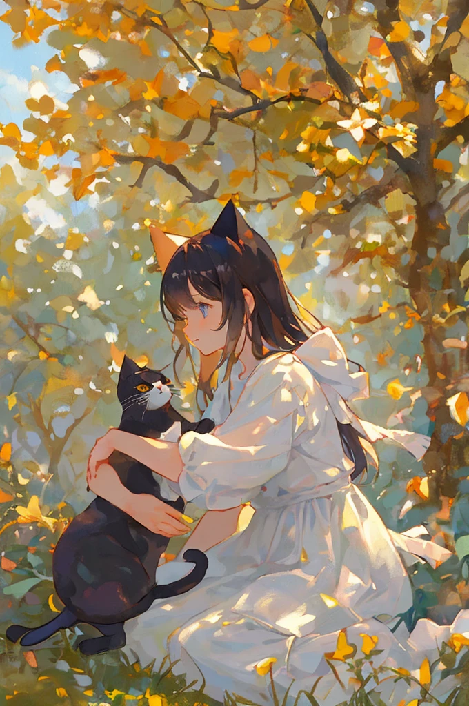 1 Girl\(Cat ears,beautiful, so cute, girl hugging a cat , unbearable , and a cat with an annoying face , in contrast , wearing clothes with new colorful sword marks, white skin,Lolita, \),  sitting, side_up,  side shot,Side view,background\(,autumn, sunlight filtering through the trees,\),  soft light,Watercolor, *********,( like a girl holding a Meissen porcelain cat ),(masterpiece:1.2,  best quality, ), Synchrotron radiation,doll「Henchel's  」series, works by Julius Conrad Hentschel 