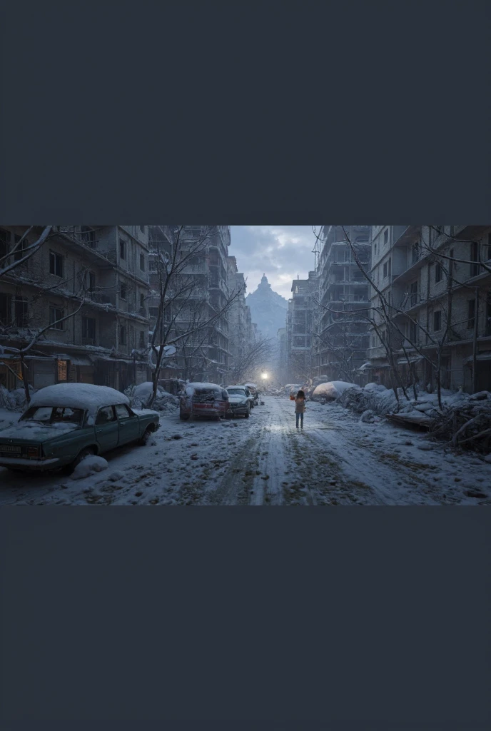 it is 2023 china, A cinematic low-angle shot of a post-apocalyptic small town America, this screenshot is inspired by the game  Days Gone   , captured in ultra-sharp 8K resolution. We see the little Asian girl holding on to her toy and standing right in front of the wave tide substance and she is lit in this dark atmospheric scene from above by a helicopter light, The city is submerged under a massive blue tide that is a desaturated teal blue colored substance similar to the Venom black substance, we can see this substance everywhere attached to the street building and other things in the scene, , with every structure destroyed and abandoned for decades, devoid of vegetation. The atmosphere is dark and eerie, with ominous overcast skies, swirling storm clouds, and a faint glimmer of sunlight breaking through in the far distance. The scene evokes a haunting, desolate mood, blending ruin and mystery.
