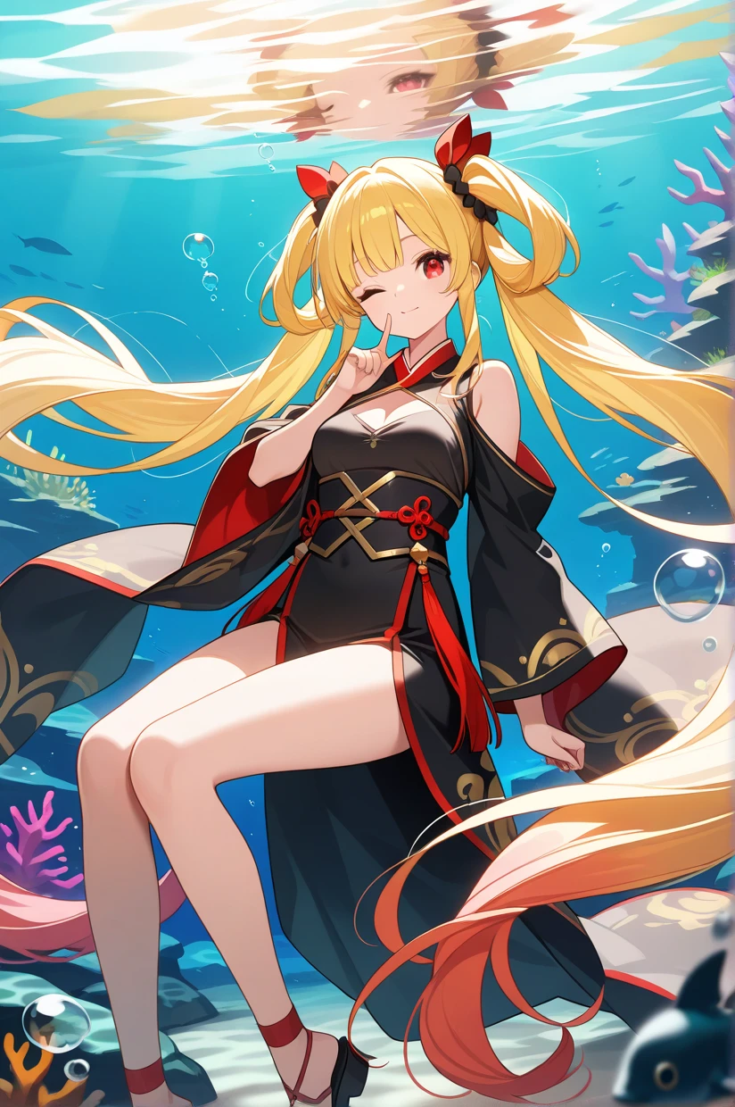 1girl,clothing cutout,oriental clothing, breast cutout, red eyes, breast, wide hair.underwater, very long hair, big twintails, wide twin tails,whitehair, yellow hair, multicolored hair, floating:1.3 under water, giant skeletal dragon:1.4, bubble, reefs, floating hair,knee high, index finger raise, shushing:1.3, wink:1.5,masterpiece, best quality, ultra detailed, absurdres, newest