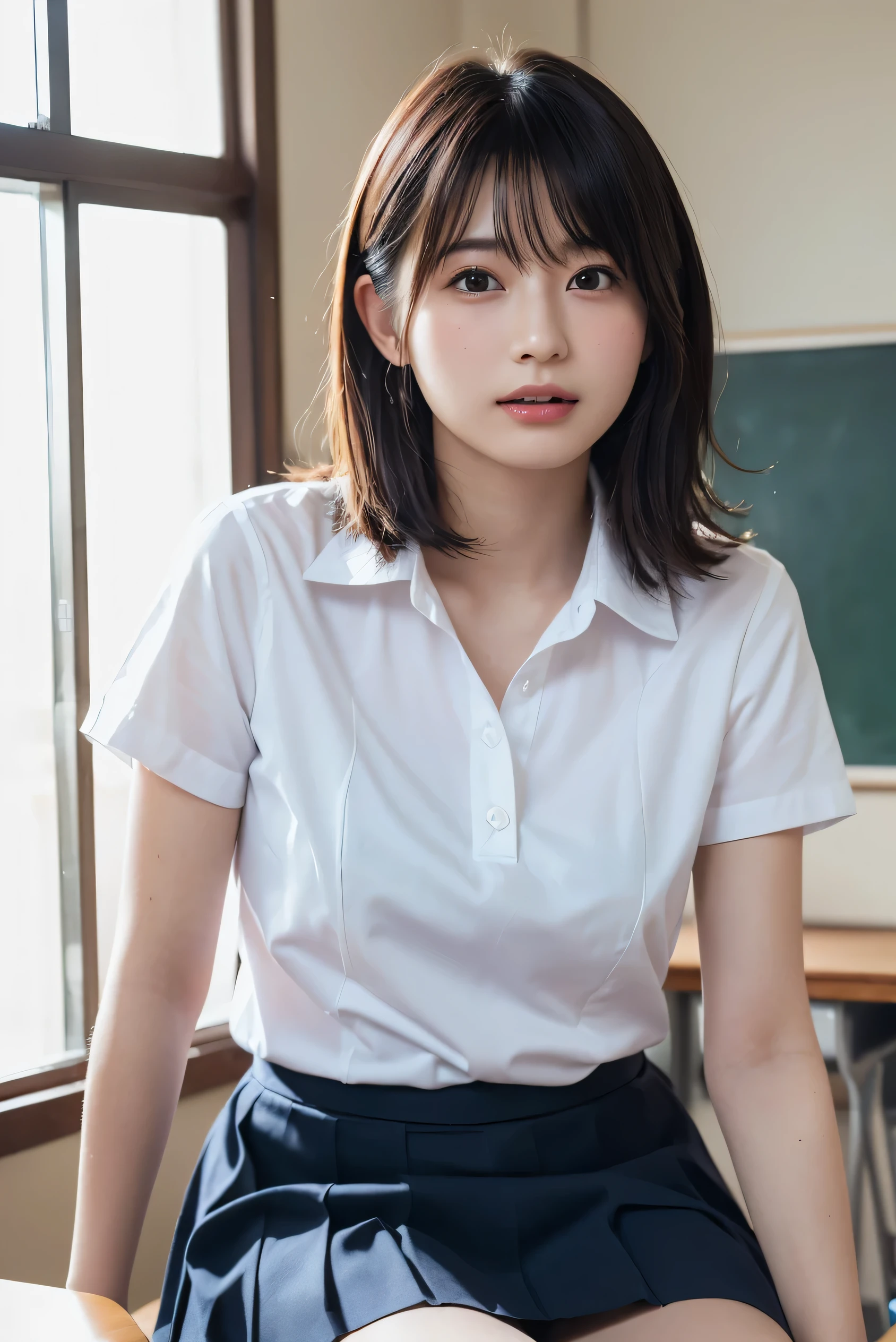 masutepiece, Best Quality, japanaese girl,1girl in, 8K, Raw photo, top-notch quality, masutepiece, nffsw:1.2, exceptionally detailed RAW color photo, professional-grade photograph, (Realistic, Photorealistic:1.37), (highly detailedskin:1.2), Ultra-high resolution, (lenz 50mm), (F/1.2),Exquisitely Detailed Eyes,Staring at the viewer,
break
With 1 girl (There are many elderly people:1.4), Beautiful face, Kawai Mile:1.05),(20yr old, wide-hips,Straight hair, (Short hair), Black eyes, white fine skin,small mouth, high cheekbones (Definition), Sexy Pose,(Leaning forward:1.3),(The to the FW:1.1),White panties、Korean Idol、Nogizaka Idol、hposing Gravure Idol、Astepia, top-quality:1.3), (Ultra detailed 8K cg:1.2), (hyper realisitic:1.35), (Photorealistic:1.45), (Realistic:1.4), Cowboy Shot,
1 beautiful Japanese girl, 22 years old, super model, Japanese Idol, , (sitting on the desk:1.1), (School uniform:1.4), (Skirt lift:1.6),
(School classroom background:1.1),