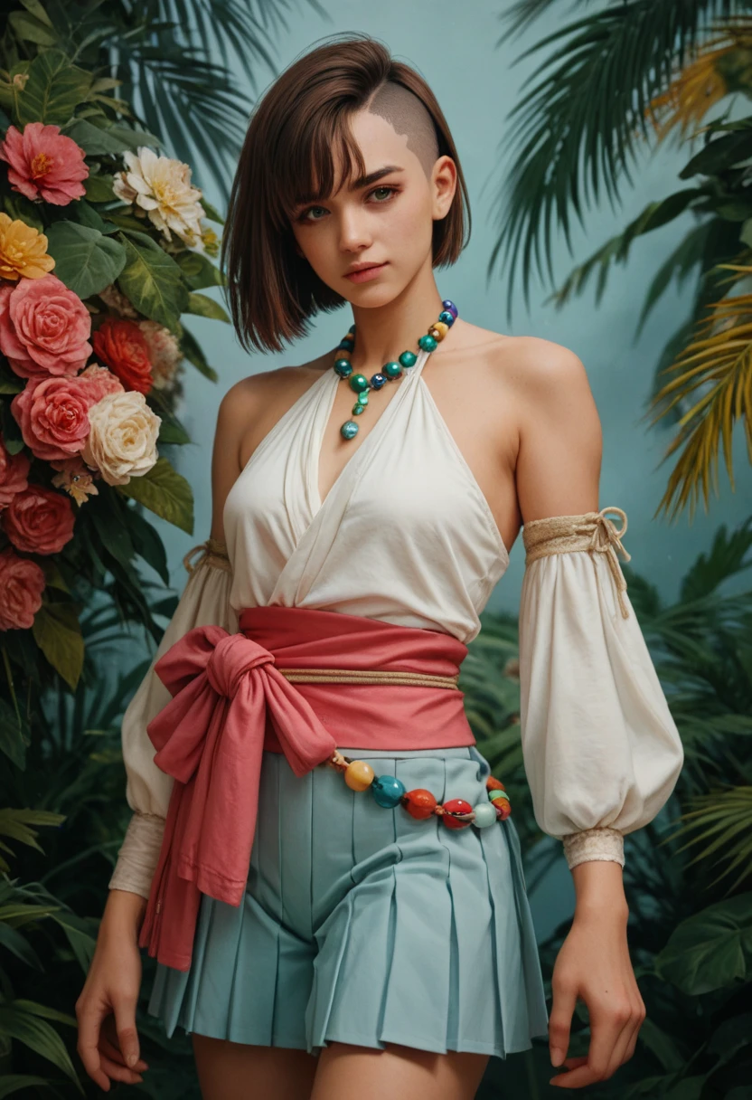 A young woman LunaXR with a confident yet gentle expression, wearing a short white halter top with a lace-up front, paired with a bright blue pleated skirt adorned with yellow accents and a pink sash. Her medium-length brown hair is styled with bangs and an asymmetrical cut. She carries a decorative gun and has colorful details like a beaded necklace and arm sleeves, standing in a fantasy-inspired setting with a tropical background, evoking a sense of adventure and grace.