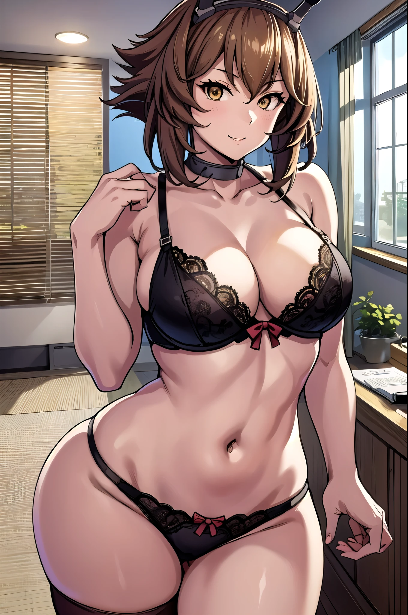 (( Masterpiece)),(  best quality ),(Mutsu Kaiji Fleet Collection:1.15), Highly Detailed CG, super detailed,(indoor,  office,  living room), ,One personの女の子,One person,brown_hair,short_hair, big breasts, headgear ,smile, abdomen,hairband,belly button, Chest Cleavage ,wireless_antenna,Flipped_hair,, Big Breasts、( panties), (Bra), ( in underwear), ( fancy underwear), ( lingerie),