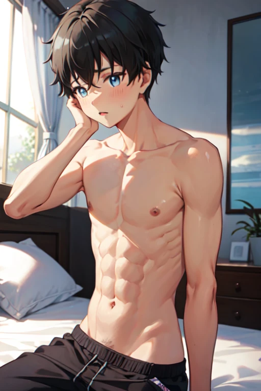 １４age　 one boy　 shirtless　Anxious expression　 shorts　 bed
