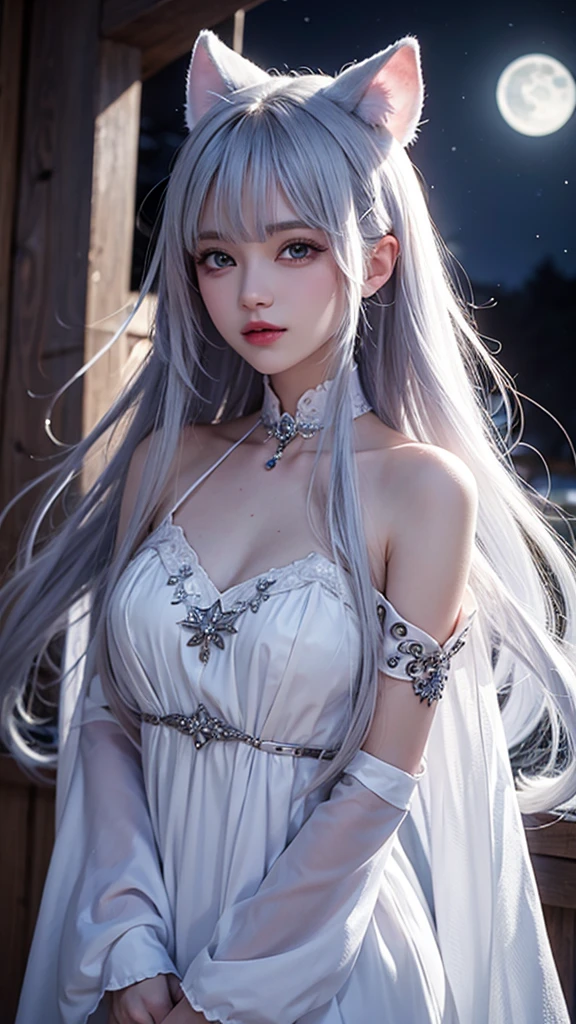 Beautiful and cute crystal girl , Detailed evil eye, (incredible detailed, Long grey hair,9 fox tails,Cinematic ultra-wide angle, Depth of failure, ultra - detailed, insanely detaileda, Ultra photo realsisim, High resolution, Cinematic lighting, Soft lighting, Incredible quality, Realistic skin,Solo,Beautiful face,Large breasts,((Sheer dress)),low-leg,(Off shoulder dress),(One shoulder strap comes off.),wavy and long hair, Cowboy Shot, Smooth shoulders,Slim waist,dynamic shot,Hair and landscape,The eye,Yuyao,(Julia,Fox,(Fox ears:1))