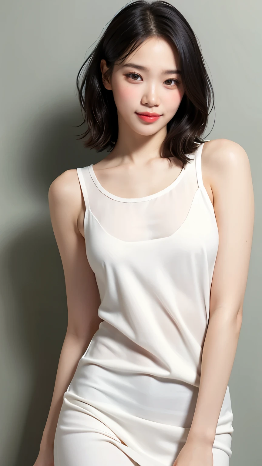 realistic,photorealistic,photo-realistic:1.37,best quality,4k,8k,highres,masterpiece:1.2,ultra-detailed,beautiful detailed eyes,beautiful detailed lips,extremely detailed eyes and face,longeyelashes,1girl,slim body,cosplay,revealing,(short straight hair),(sexy but),(sexy pose),realistic pictures,(bob hair color, smiling),(White dress shirt, jeans)