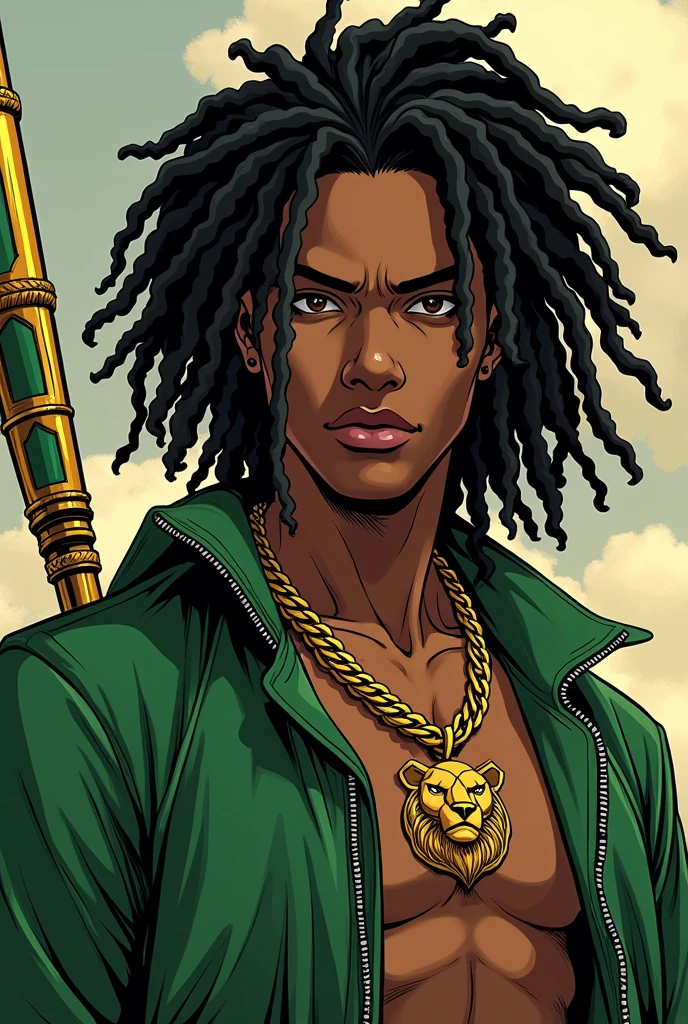 a close up of a dark skin person in a dark green shirt with black sleeves, chained belt, African American character in tekken, emerald green eyes, buzzcut hair, full body close-up shot, male character, single character full body, full body shot hyperdetailed, style of mirror\'s edge, kentaro miura style, full body render, daigo ikeno, highly detailed full body, full body portrait shot