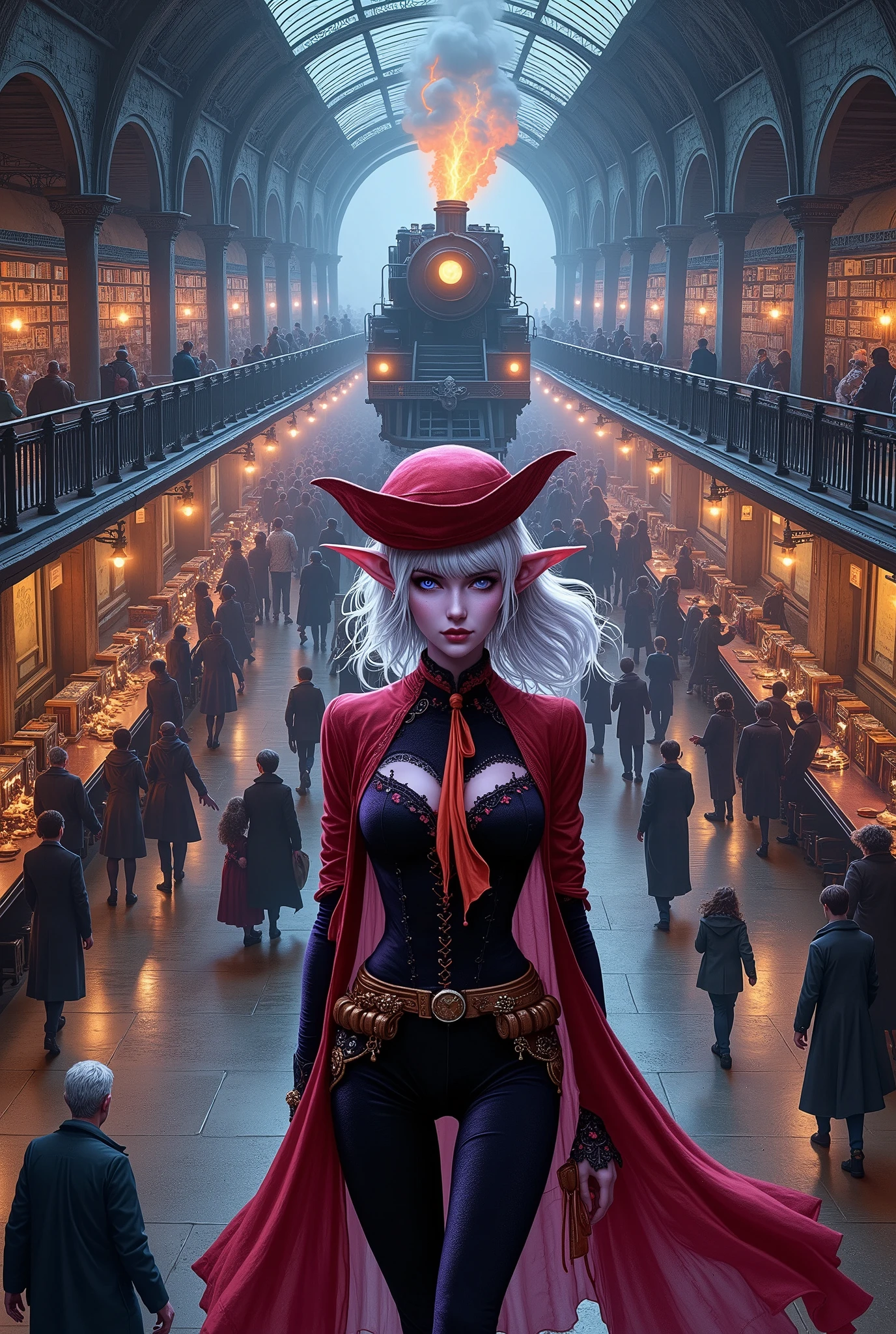 (Ultra-detailed face, Looking away, Fantasy Illustration with Gothic, Dark tone colors, Viewpoint from above looking down on the ground.), BREAK 
(The Dark Elf Woman Eternal Traveler is in a huge terminal station crowded with 18th century English ladies and gentlemen-style travelers. The platforms of the multi-tiered floors are a labyrinth of serpentine undulating corridors and stairways. She is in the waiting room of the station, which has a bar attached to it, looking at her pocket watch with a daring pose and large body movements, looking at the station platform with an ennui expression on her face.), BREAK 
(The young female dark elf eternal traveler has white hair, white eyebrows, blunt bangs, waist-length long messy wavy hair, small pink lips, dark purple skin, and thick eyeliner.), BREAK 
(The dark elf woman eternal traveler wears a wide-brimmed fiery red caprine and a small orange ribbon tie. She wears a tight velour lace-up dress of jet-black fabric with a pink cherry blossom pattern printed on it. Around her waist she wears a belt with many pouches. She wears bright red laced sandals with fur embellishments.), BREAK 
(This is a steampunk world in the style of 18th century England. A train powered by magic, the Lateening Rail, is parked on the station platform, emitting flames and lightning bolts from the elementals of fire and thunder, waiting for the train to depart. The Late Night Rail looks like a steam locomotive, with round meters and LED indicators attached to various parts of the train, emitting light.)