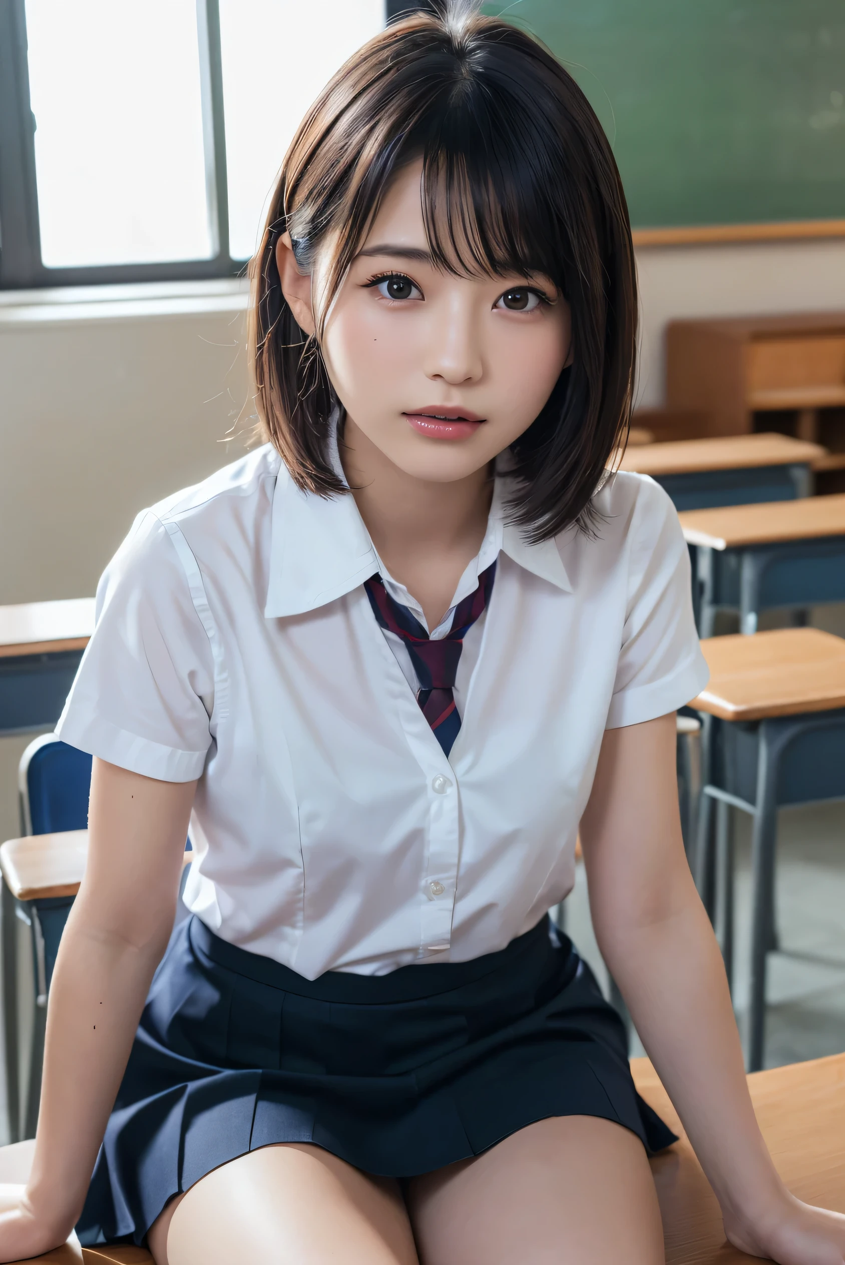 8k, RAW Portrait ,masterpiece、Photorealistic:1.3、Realistic, 超A high resolution, highest quality, Real Life Photos ,( At night :1.1),
(((1 girl:1.3))), (((深夜のIn the classroomパンティー見せつける1人の女の子:1.3)))、((Japanese high school uniform:1.4))、((school uniform、Navy blue vest、Checkered Pleated Skirt、A bow tie)),Slender body,、In the classroom、
big, beautiful, beautiful目, Black Hair、 ((Dark brown eyes:1.5))、(Realistic skin texture:1.3)、(Immersive atmosphere:1.0、Chiaroscuro:1.2) 、(Look Viewer:1.5)、((Embarrassing:1.5))、(Laughter:0.95)、((My cheeks are red.:1.3))、(Top view angle:1.5)、((Please lift up your skirt and show me your pants..:1.5))、((Under the skirt))、(((Small panties:1.5)))、Panties close up:1.8、