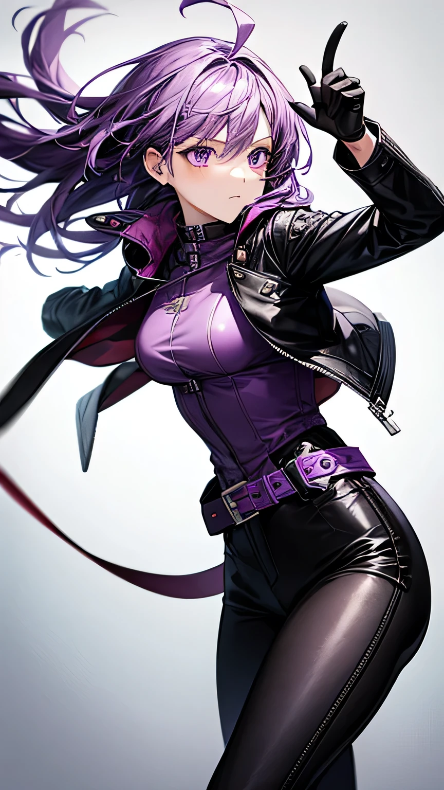    one girl， purple hair，Ahoge，purple leather jacket ， Black Leather Pants ，black finger cutting gloves   ，   black boots，Around town，   best quality，    Masterpiece  