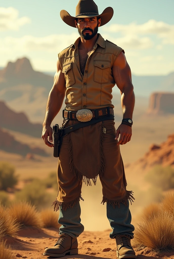 5 handsome attractive shirtless cowboy man with a rope donkey at his side
