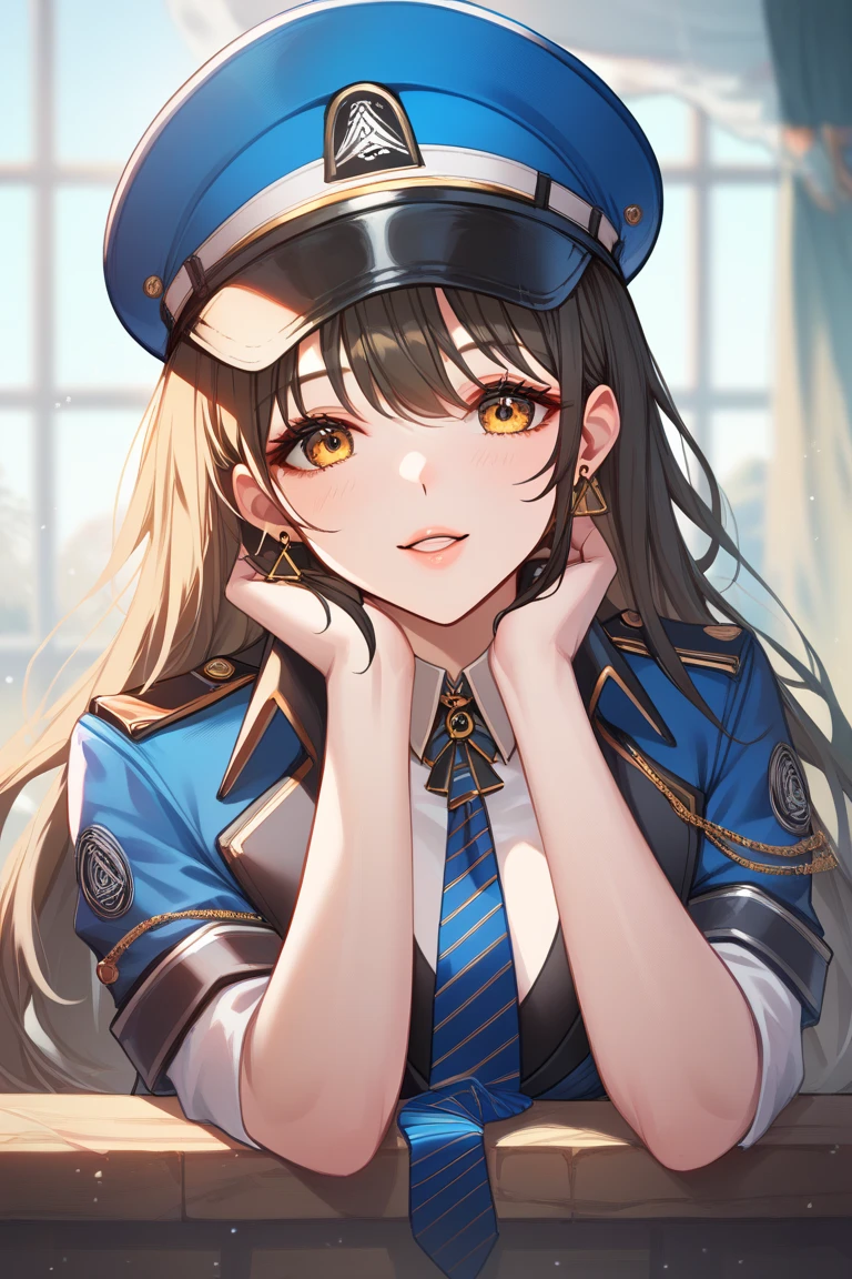 Busy station, Daytime
1girl,diesel_\(nikke\),long_hair,blue_necktie,Amber_eyes,military_hat,black_hair,military_uniform,blue_hat,white_shirt,peaked_cap,collared_shirt,white_skirt,striped_necktie,pleated_skirt,gold_triangular_frame_earrings, 