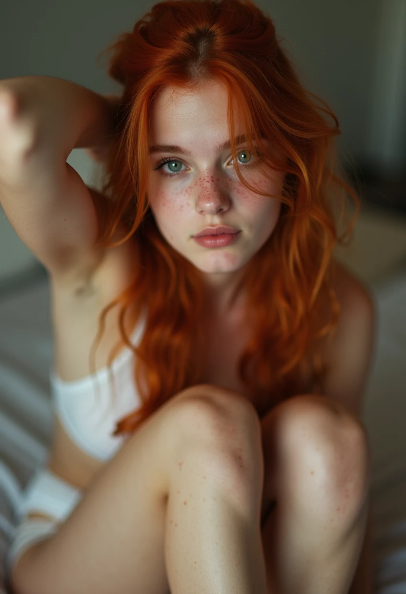 (close-up:1.2) analogue photography, (looking at viewer:1.3), freckles (hand behind head:1.2), (forearm on knees:1.3), knees together feet apart, sitting, white panties, pantyshot, (redhead half-up hair:1.2), sitting on a bed background, sfw