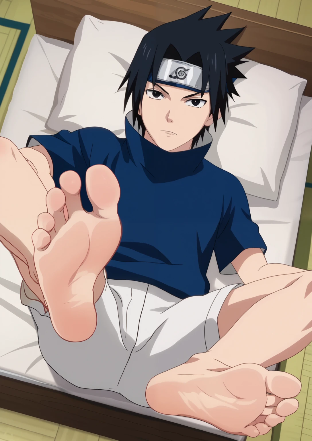 score_9, score_8_up, source_anime,
1boy, Sasuke Uchiha, black hair, short spiky hair, dark eyes, navy blue high-collar shirt, short sleeves, white shorts, alone, looking at viewer, in his room, laying on the bed, lifting legs to show his soles, cowboy shot, ANIME SCREENCAP, anime coloring, barefoot, perfect feet, anatomically correct, soles, high angle, focal length 35mm, each foot has five toes, front, symmetrical soles, foot focus